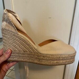 Castaner Neutral Beige Espadrille Wedge Sandals with Ankle Wrap